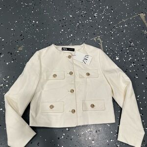 Zara Off-White Cropped Jacket with Gold Accents